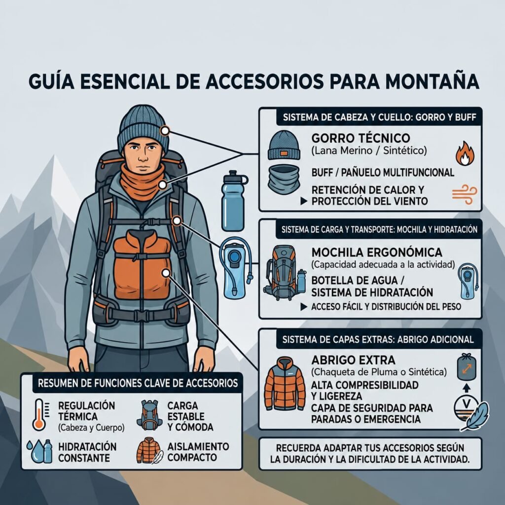 Infografía de accesorios de montaña para mochila de senderismo por Vértice Expediciones.