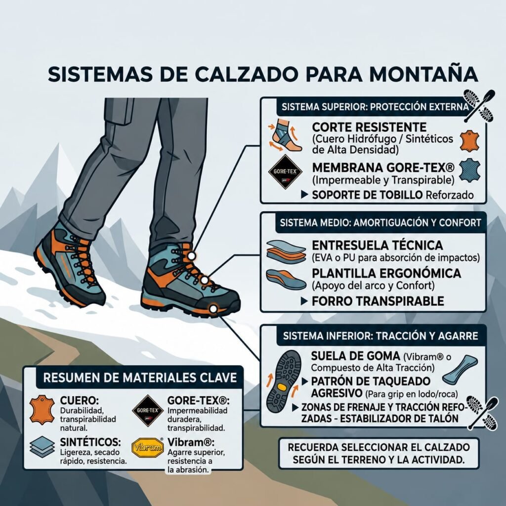 Infografía sobre botas de trekking con membrana Gore-Tex y suela Vibram recomendadas por Vértice Expediciones.