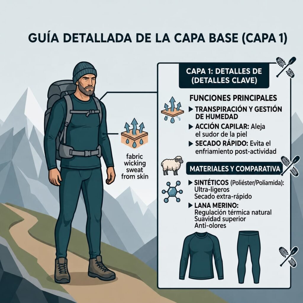 Infografía de la Capa 1 o primera piel para trekking en Ushuaia por Vértice Expediciones.