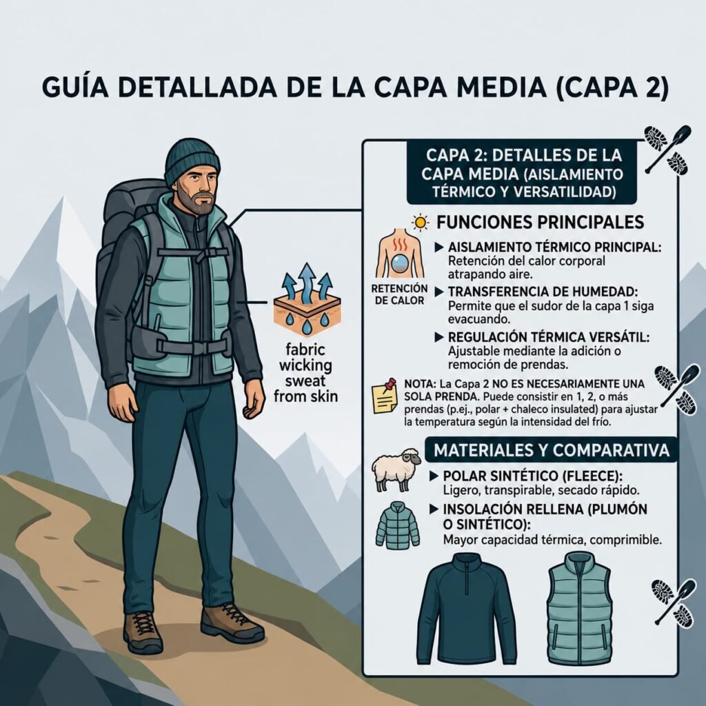 Infografía sobre Capa 2 de abrigo y fleece para senderismo recomendada por Vértice Expediciones.