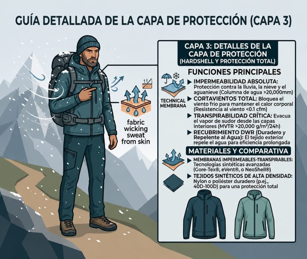 Infografía de Capa 3 hardshell impermeable con Gore-Tex recomendada por Vértice Expediciones.