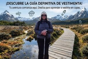 Excursionista con ropa de montaña en capas y bastones de trekking en un sendero de Ushuaia, Vértice Expediciones.