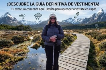 Excursionista con ropa de montaña en capas y bastones de trekking en un sendero de Ushuaia, Vértice Expediciones.