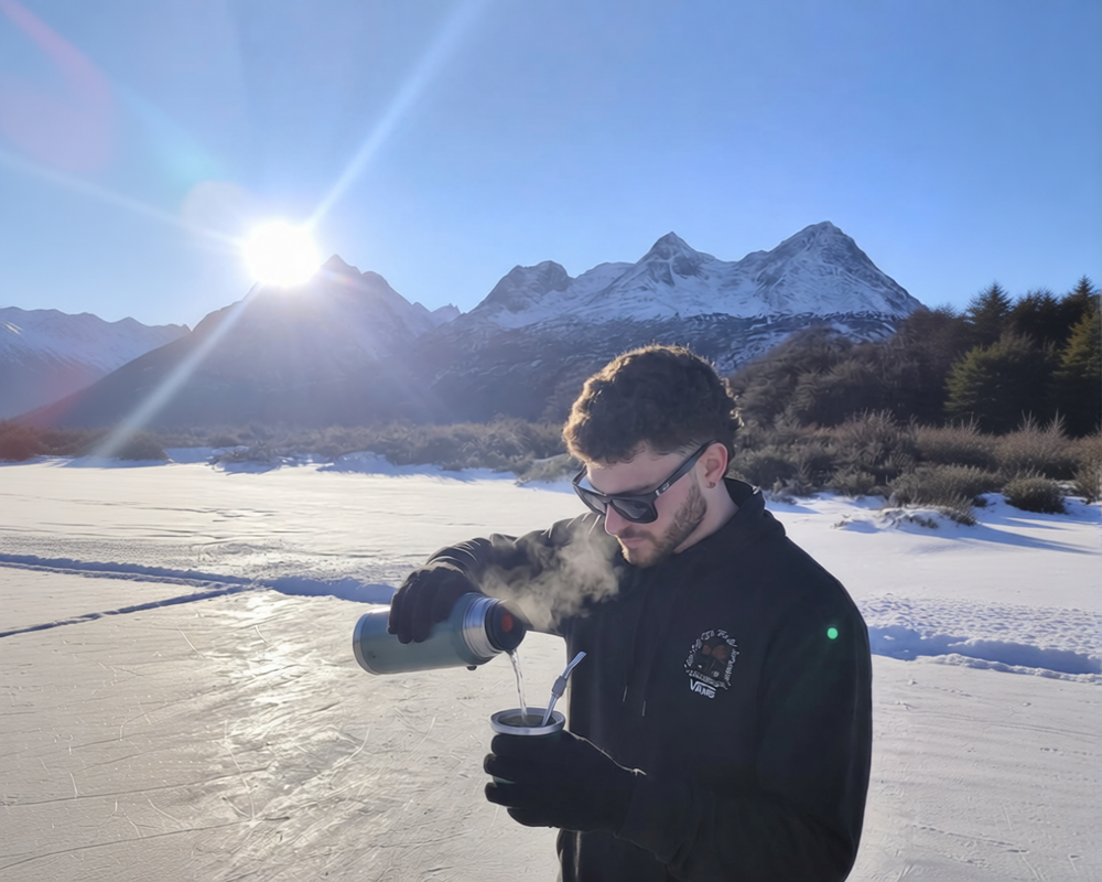 Aventurero sirviendo agua caliente en un mate frente a una laguna congelada y montañas nevadas al sol en Ushuaia, durante una excursión con Vértice Expediciones.