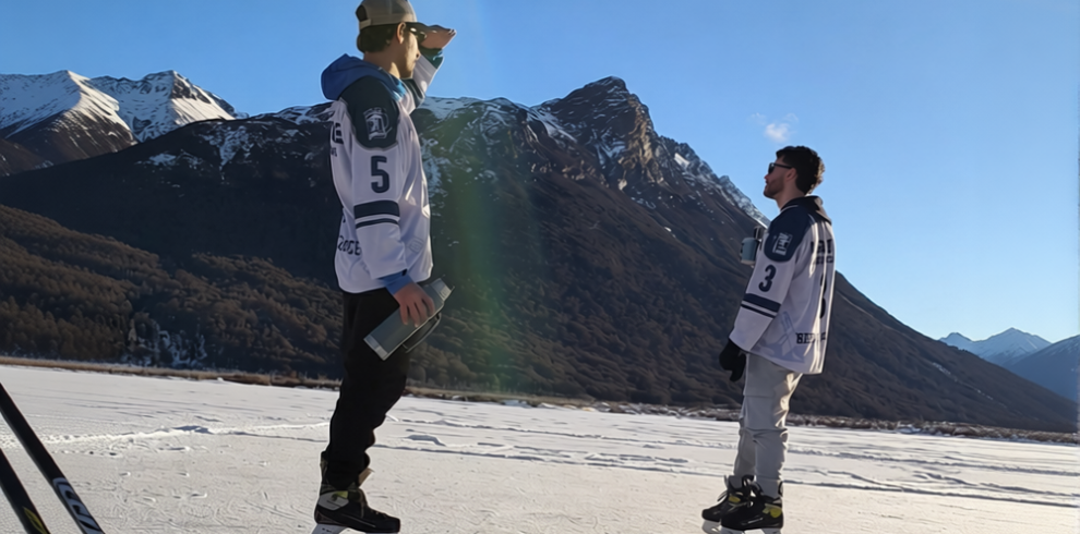 Dos patinadores en una laguna congelada de Ushuaia junto al guía Marcelo Vaca de Vértice Expediciones, con la cordillera de Tierra del Fuego de fondo y palos de hockey en primer plano.
