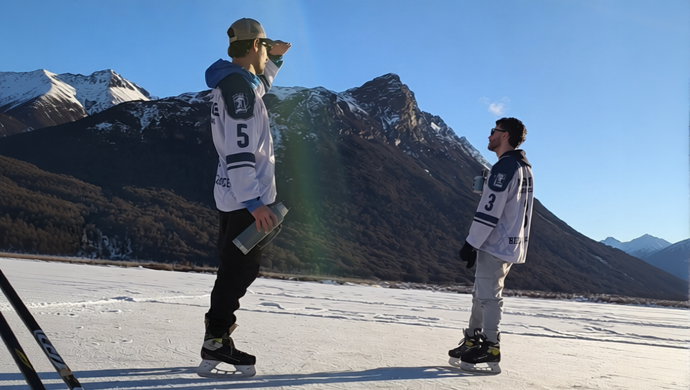 Dos patinadores en una laguna congelada de Ushuaia junto al guía Marcelo Vaca de Vértice Expediciones, con la cordillera de Tierra del Fuego de fondo y palos de hockey en primer plano.