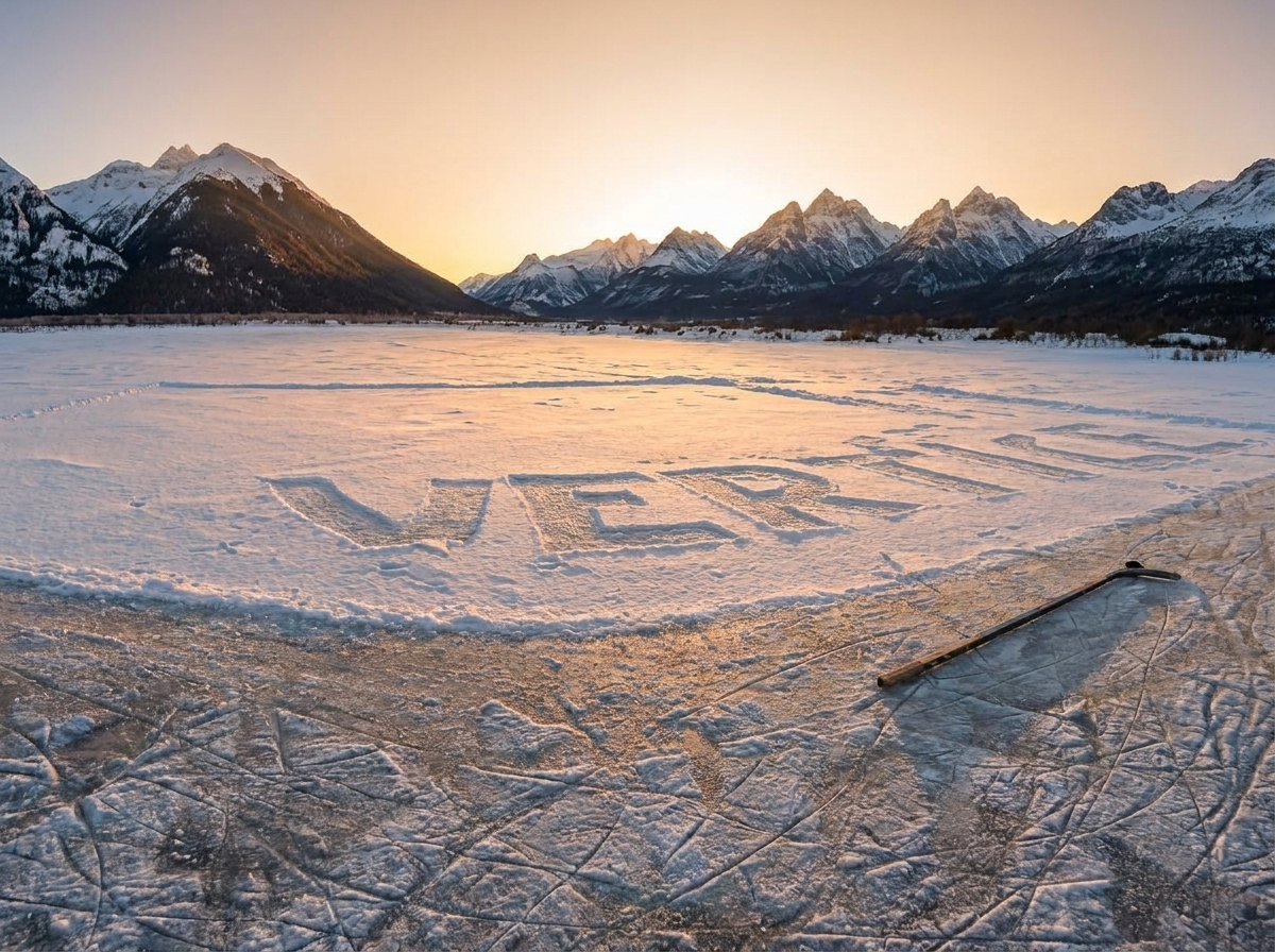 Palabra Vértice esculpida en la nieve sobre una laguna congelada al atardecer en Ushuaia, con marcas de patines en el hielo, un palo de hockey y la cordillera de fondo.
